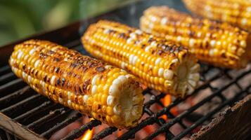 AI generated Roasted corn cobs sizzle on the grill, a delicious addition to picnic fare, Ai Generated. photo