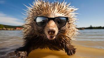 AI generated Quirky porcupine waddles onto the beach, flaunting trendy sunglasses, an unexpected beach buddy, Ai Generated. photo