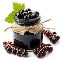 AI generated Delightful blackcurrant jam marmalade jelly preserves in a glass jar, paired with fresh blackcurrants, displayed on a clean white backdrop, Ai Generated. photo