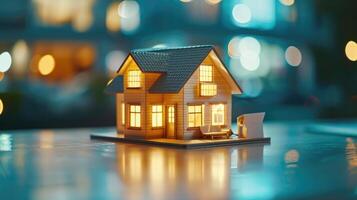 AI generated Miniature house holographically rendered on table, showcasing real estate options. Ai Generated photo