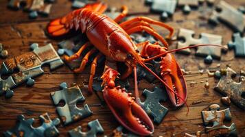 AI generated Cute lobster engrossed in a jigsaw puzzle, adding a whimsical touch, Ai Generated. photo