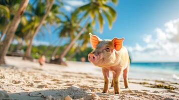 AI generated Small pig stands on the beach, palm trees swaying in the breeze behind it, Ai Generated. photo