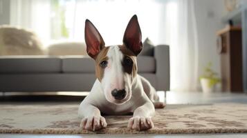 AI generated Cute Bull Terrier cozily lies on a white carpet, adding a delightful touch to the living room, Ai Generated. photo