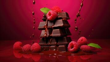 AI generated Dynamic stack of chocolate bars, raspberries, and syrup splash on a vibrant red backdrop. Ai Generated photo