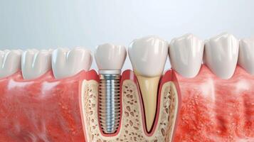 AI generated Explore the intricacies of dental implantology with a cross-section of the jaw showcasing an embedded implant in the gum. Ai Generated photo