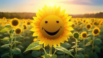 ai generado un radiante girasol Comparte sus sonrisa, agregando resplandor a un alegre campo escena. ai generado. foto