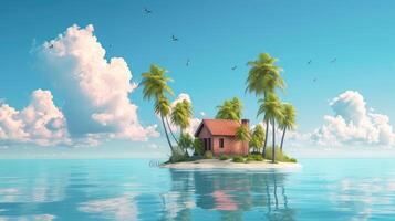 AI generated A small island adorned with palm trees and a charming house, a picturesque paradise. Ai Generated. photo