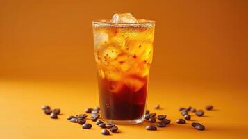 AI generated Indulge in iced cold brew coffee with pumpkin spice. Isolated on orange. Ai Generated. photo