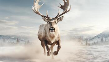 AI generated Majestic stag jumps through snow covered mountains in tranquil winter generated by AI photo