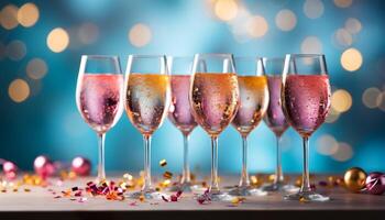 AI generated Celebration of new year champagne, confetti, vibrant colors, shiny glass generated by AI photo