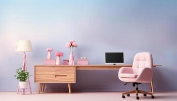 ai generado moderno oficina con escritorio, silla, computadora, y flor florero generado por ai foto
