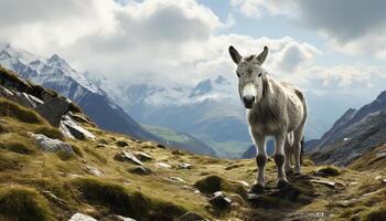 AI generated Cute animals grazing on green meadow in mountain landscape generated by AI photo