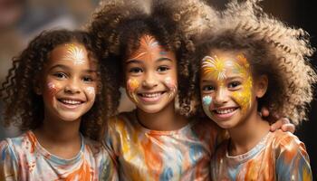 AI generated Group of children playing and smiling, enjoying a colorful celebration generated by AI photo