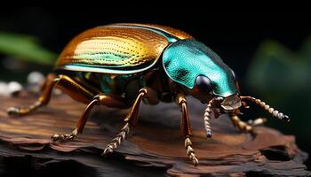 ai generado pequeño, verde gorgojo gatea en hoja en naturaleza macro mundo generado por ai foto