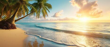 AI generated Paradise beach with palm trees, calm ocean, sunshine, and a blue sky in a panoramic banner. Ai Generated. photo