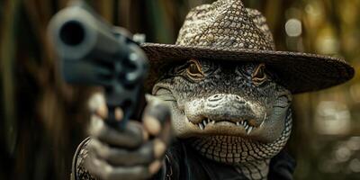 ai generado un caimán vistiendo un sombrero, empuñando un pistola con un feroz y atrevido postura, ai generado. foto