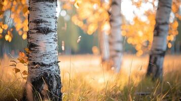 AI generated Birch trunks stand tall in a field, a bokeh background adds a dreamy allure, Ai Generated. photo