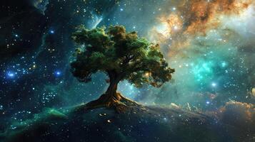 AI generated A cosmic nebula gives birth to a colossal tree, intertwining celestial and earthly wonders, Ai Generated. photo