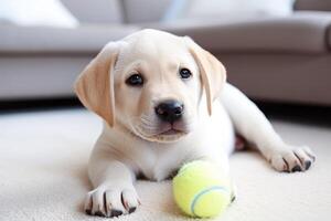 AI generated A cute Labrador puppy plays with a toy ball on a white living room carpet. Ai Generated. photo