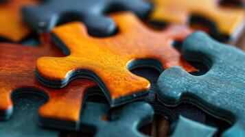 AI generated Delve into the intricate details of jigsaw puzzle pieces in a captivating close-up. Ai Generated. photo