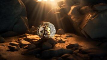 AI generated Illuminated by golden light, a single Bitcoin stands on a rocky surface, symbolic of wealth, Ai Generated. photo