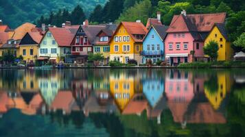 ai generado vibrante fila de casas por un lago con vistoso reflexiones en el agua. escénico belleza, ai generado. foto