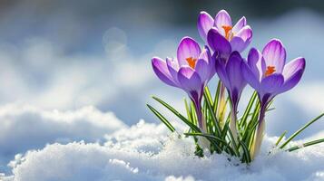 AI generated Purple crocuses pushing through the snow, a beautiful symbol of early spring's arrival. Ai Generated. photo