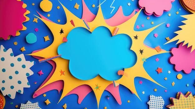 AI generated Engage with creativity on a handmade colorful paper cut background with a speech bubble. Ai Generated. photo