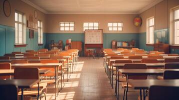 ai generado solitario aula, vacío asientos, simbolizando espalda a escuela. ai generado. foto