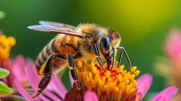 AI generated Beautiful honey bee on a flower, close-up macro shot captures intricate details, Ai Generated. photo