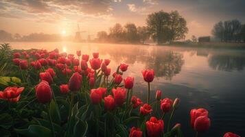 ai generado un asombroso paisaje adornado con vibrante y vistoso tulipanes ai generado. foto