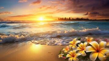 ai generado un dorado puesta de sol se baña Oceano olas y espuma, adornado con tropical frangipani flores en un arenoso playa, ai generado. foto