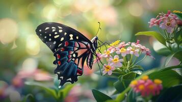 ai generado grande, vívido mariposa graciosamente revolotea entre pequeño flores, sus vibrante colores deslumbrante, ai generado. foto