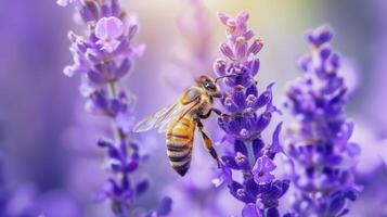 AI generated Close-up macro shot captures a bee collecting nectar from a purple wildflower, Ai Generated. photo