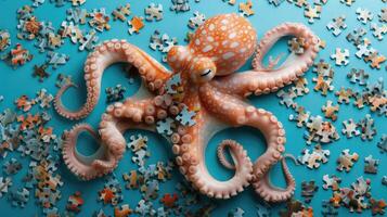 AI generated Cute octopus engrossed in a jigsaw puzzle, adding a whimsical touch, Ai Generated. photo