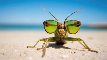 AI generated Experience the intensity of an grasshopper leaping onto the beach in a stunning close-up photo, Ai Generated. photo