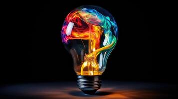 AI generated Dive into creative inspiration with a colorful liquid paint lightbulb against a dark backdrop. Ai Generated photo