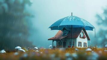 AI generated A house sheltered under an umbrella, symbolizing protection and comfort in a whimsical setting. Ai Generated. photo