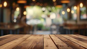 AI generated Wooden table in a blurred restaurant setting, offering empty space. Ai Generated. photo