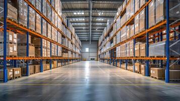 AI generated A vast warehouse symbolizes efficient logistics in action, a hub of organized storage and distribution, Ai Generated. photo