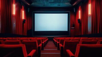 AI generated The empty cinema hall features a striking red color scheme and a white blank screen, Ai Generated. photo