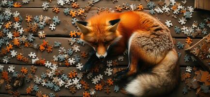 AI generated Cute fox engrossed in a jigsaw puzzle, adding a whimsical touch, Ai Generated. photo