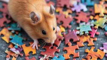 AI generated Cute hamster engrossed in a jigsaw puzzle, adding a whimsical touch, Ai Generated. photo