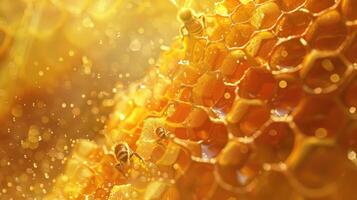 AI generated Close-up of diligent bees at work on honey cells. Ai Generated. photo