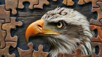 AI generated Cute eagle engrossed in a jigsaw puzzle, adding a whimsical touch, Ai Generated. photo