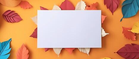 AI generated Blank white paper card surrounded by a vibrant frame of colorful autumn leaves, Ai Generated. photo