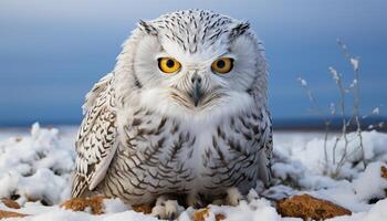 ai generado águila búho, majestuoso cazador, encaramado en Nevado árbol, curioso ferozmente generado por ai foto