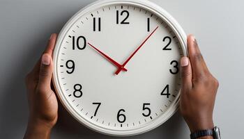 AI generated Hand holding clock, time ticking, deadline approaching, businessperson stressed generated by AI photo