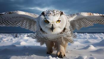 ai generado Nevado búho, majestuoso pájaro de presa, volador en invierno belleza generado por ai foto