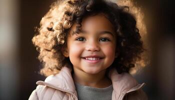 AI generated Smiling child, happiness portrait, cute curly hair, joyful innocence generated by AI photo